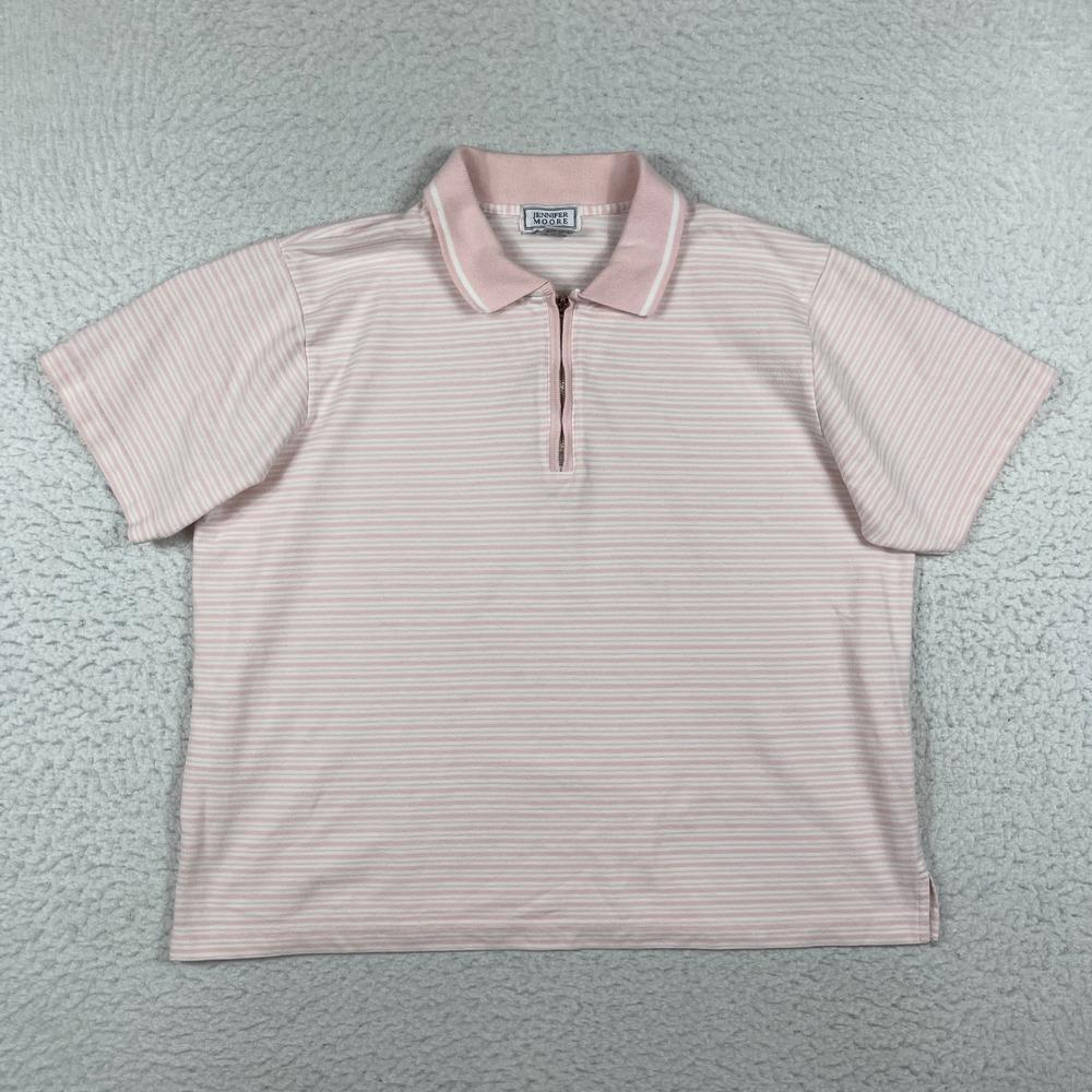Jennifer Moore Polo Shirt Womens XL Pink Striped Quarter Zip Short Sleeve Casual